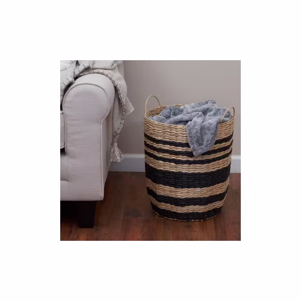 HOUSEHOLD ESSENTIALS Natural and Black Cattail Decorative Wicker Basket