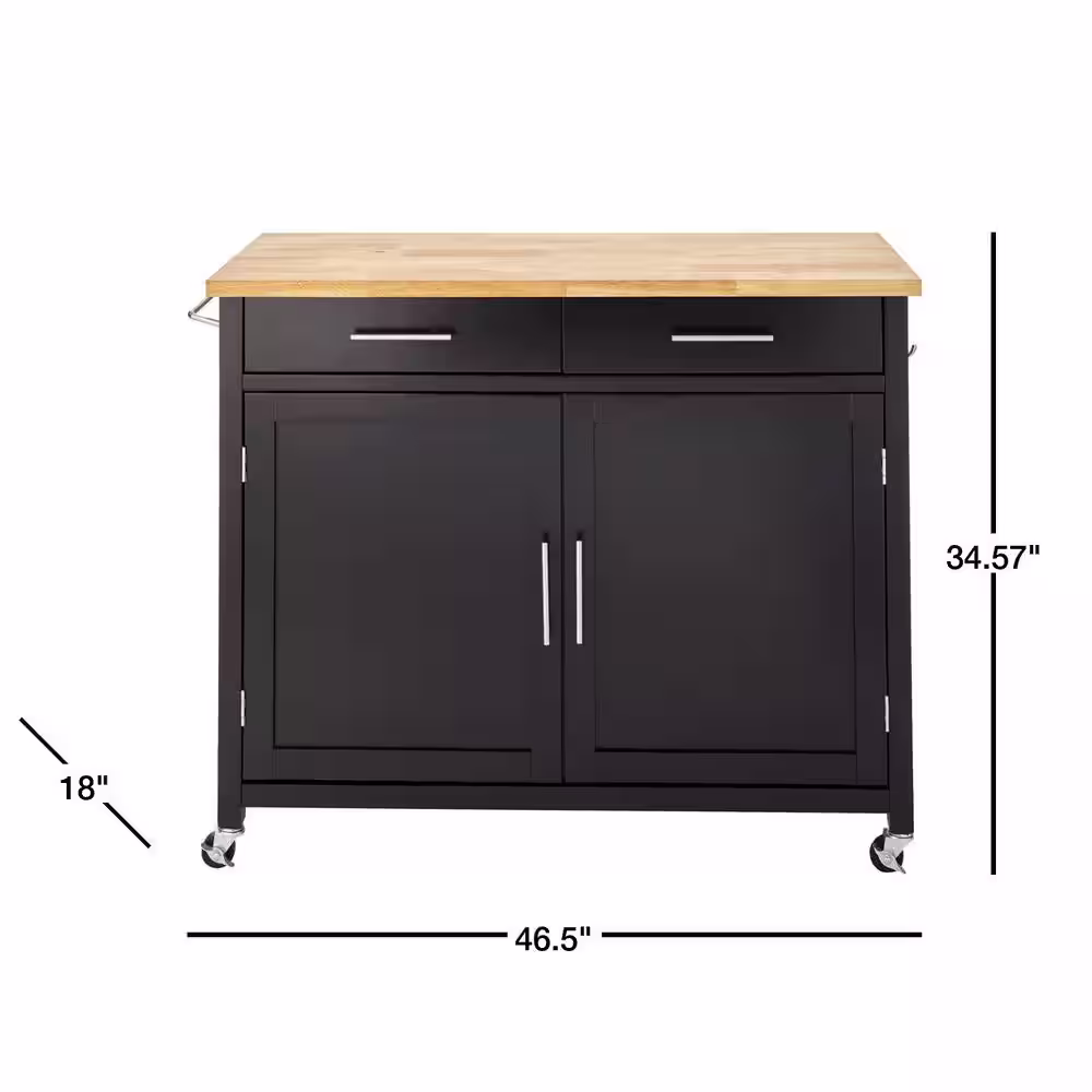 StyleWell Glenville Black Rolling Kitchen Cart with Butcher Block Top and Double-Drawer Storage (42 in. W)