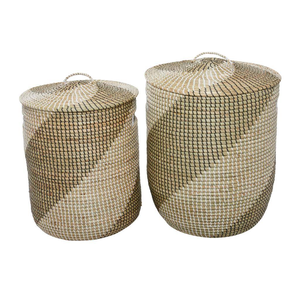 Litton Lane Seagrass Handmade Two Toned Storage Basket with Matching Lids (Set of 2)