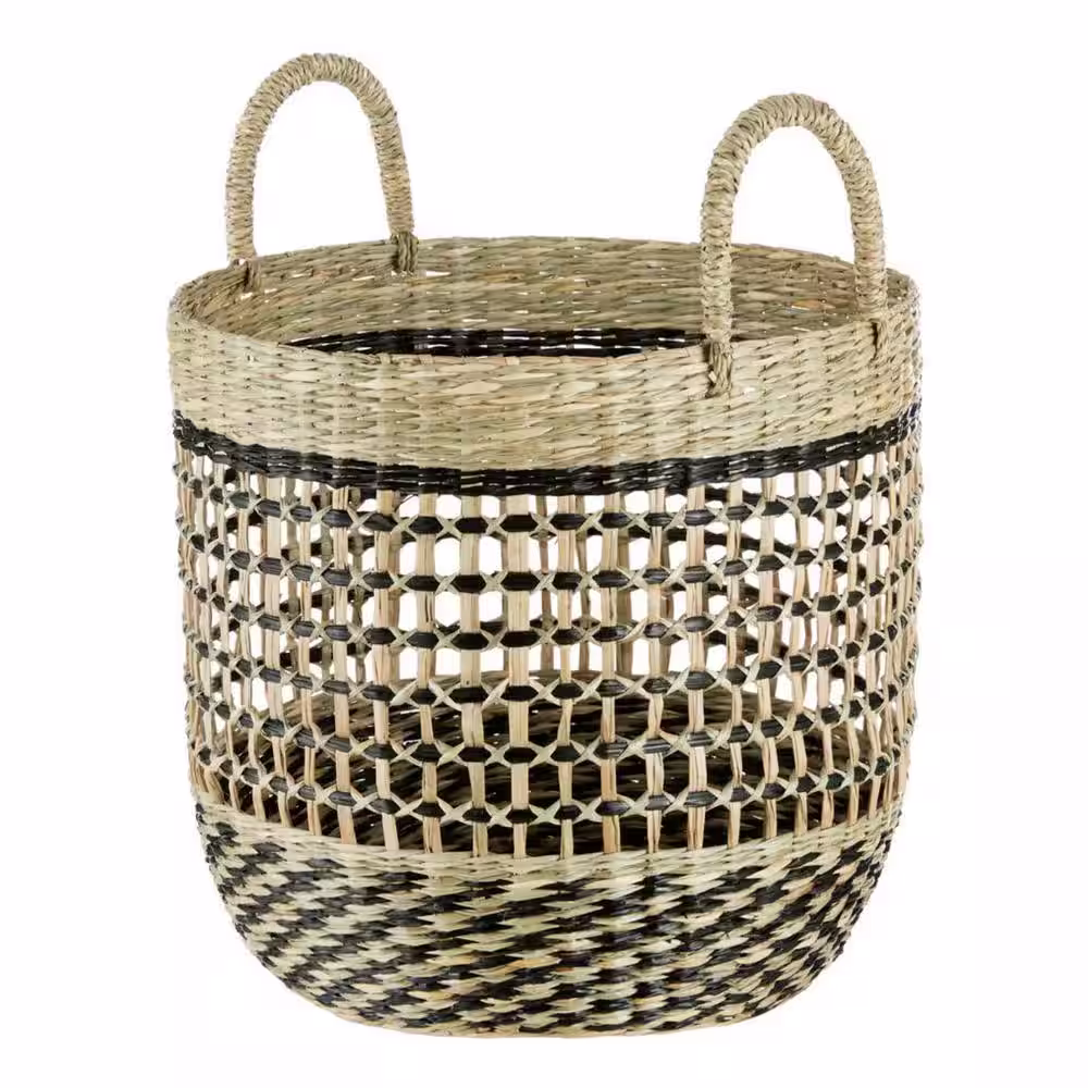 Home Decorators Collection Round Natural and Black Seagrass Storage Basket