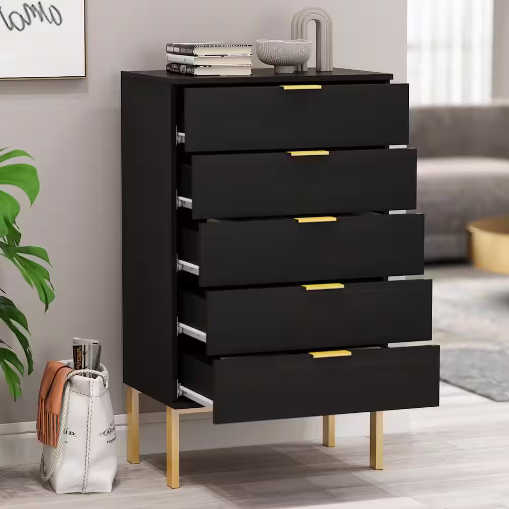 FUFU&GAGA 5-Drawer Black Wood Chest of Drawer Accent Storage Cabinet Organizer W/ Metal Leg 44.1 in. H x 23.6 in. W x 15.7 in. D