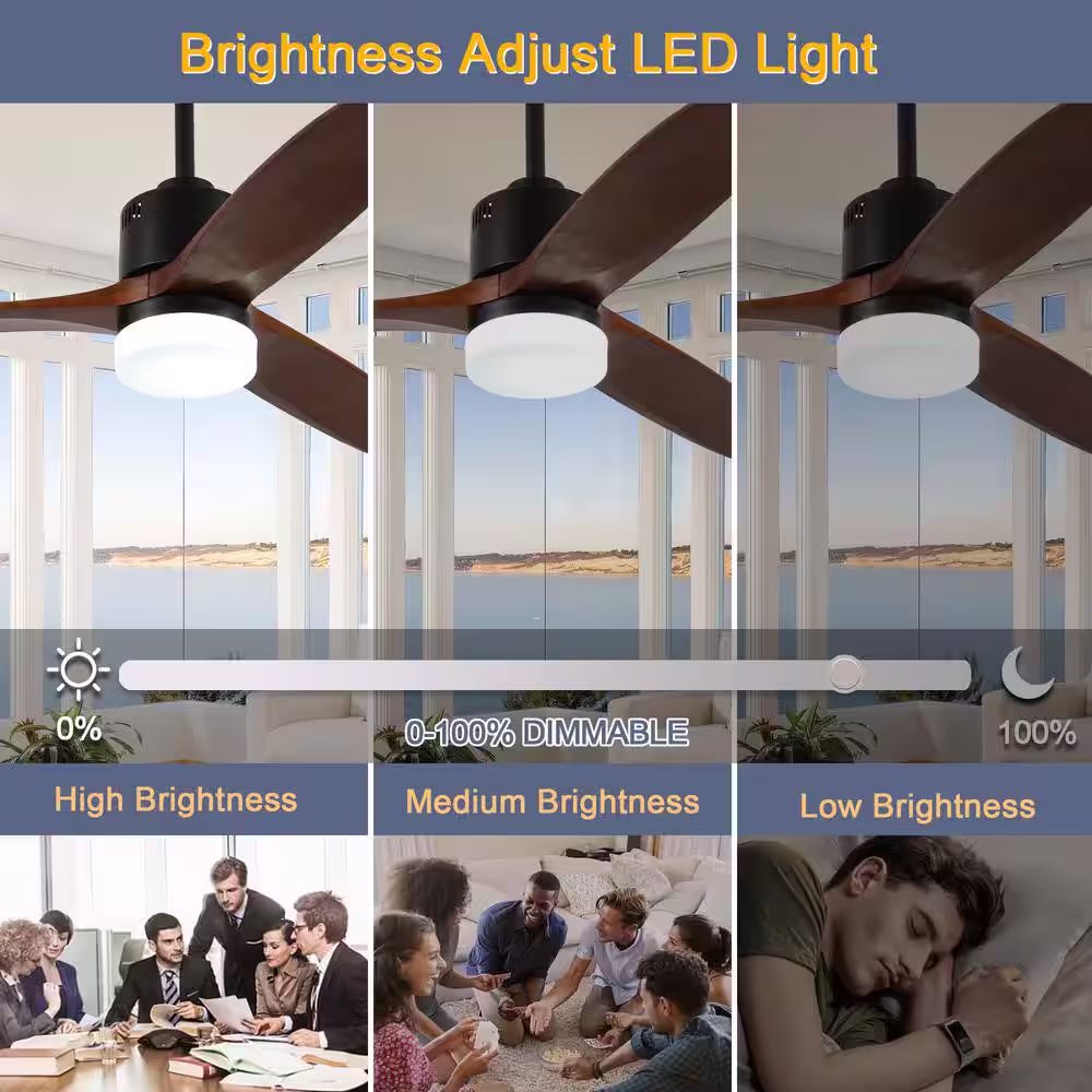 Oaks Aura Novella 52in. LED Scandi Solid Wood Ceiling Fan With Light,Latest 6-Speed DC Motor,Solid Walnut and Matte Black