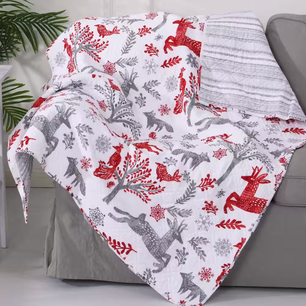 None Winterland Grey Red White Woodland Christmas Quilted Cotton Throw Blanket