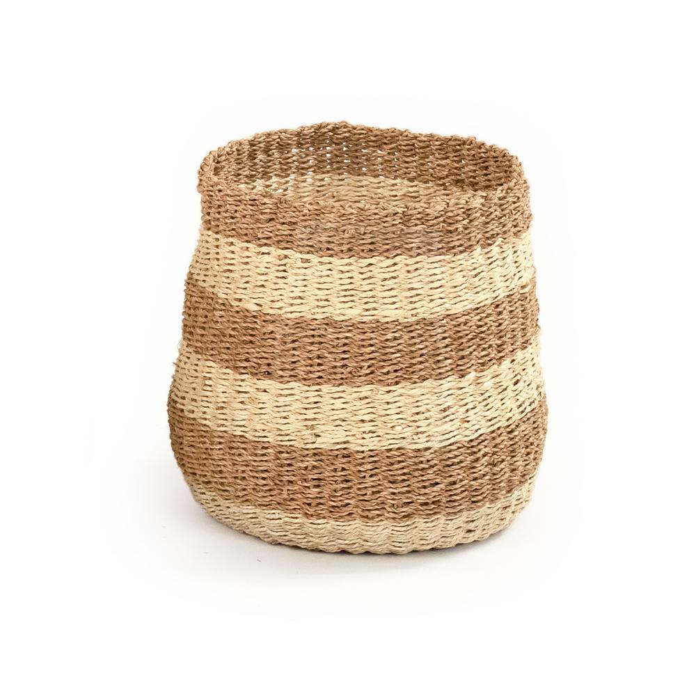 Zentique Concave Hand Woven Wicker Seagrass and Palm Leaf with Light and Dark Stripes Medium Basket