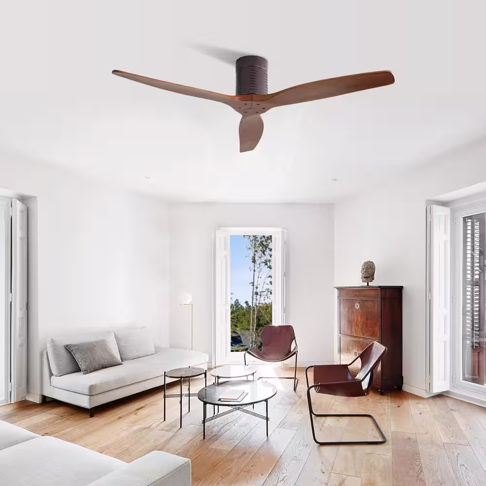 Sofucor 52 in. Indoor/Outdoor 6-Speed DC Motor Flush Mount Ceiling Fan in Brown with Remote
