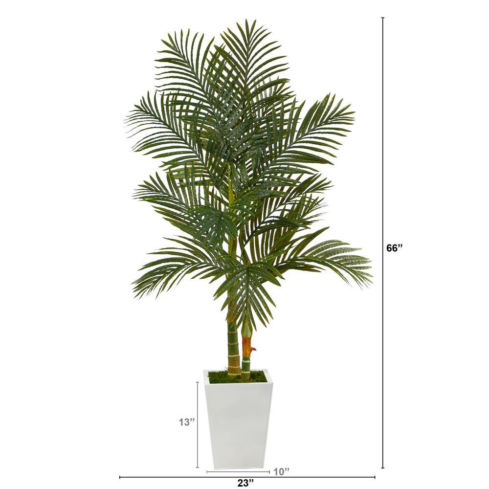 Nearly Natural 5.5ft. Golden Cane Artificial Palm Tree in White Metal Planter