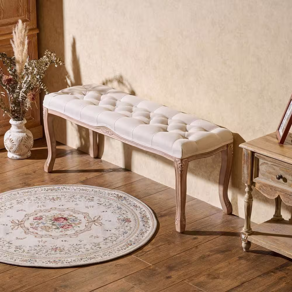 Merra Beige French Vintage Ottoman Bench with Linen Upholstery (19 in. x 44 in. x 13.9 in.)