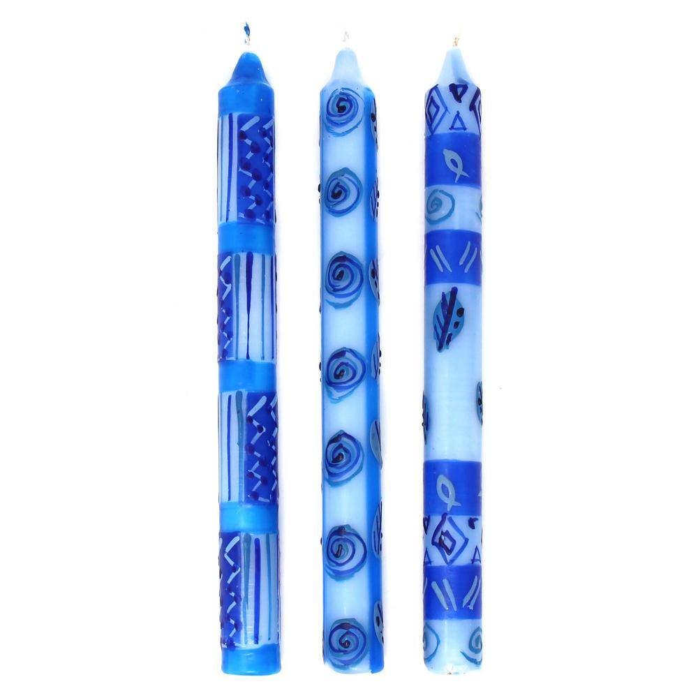 Global Crafts Unscented Blue Boxed Feruzi Design Hand-Painted Dinner Candles (Set of 3)