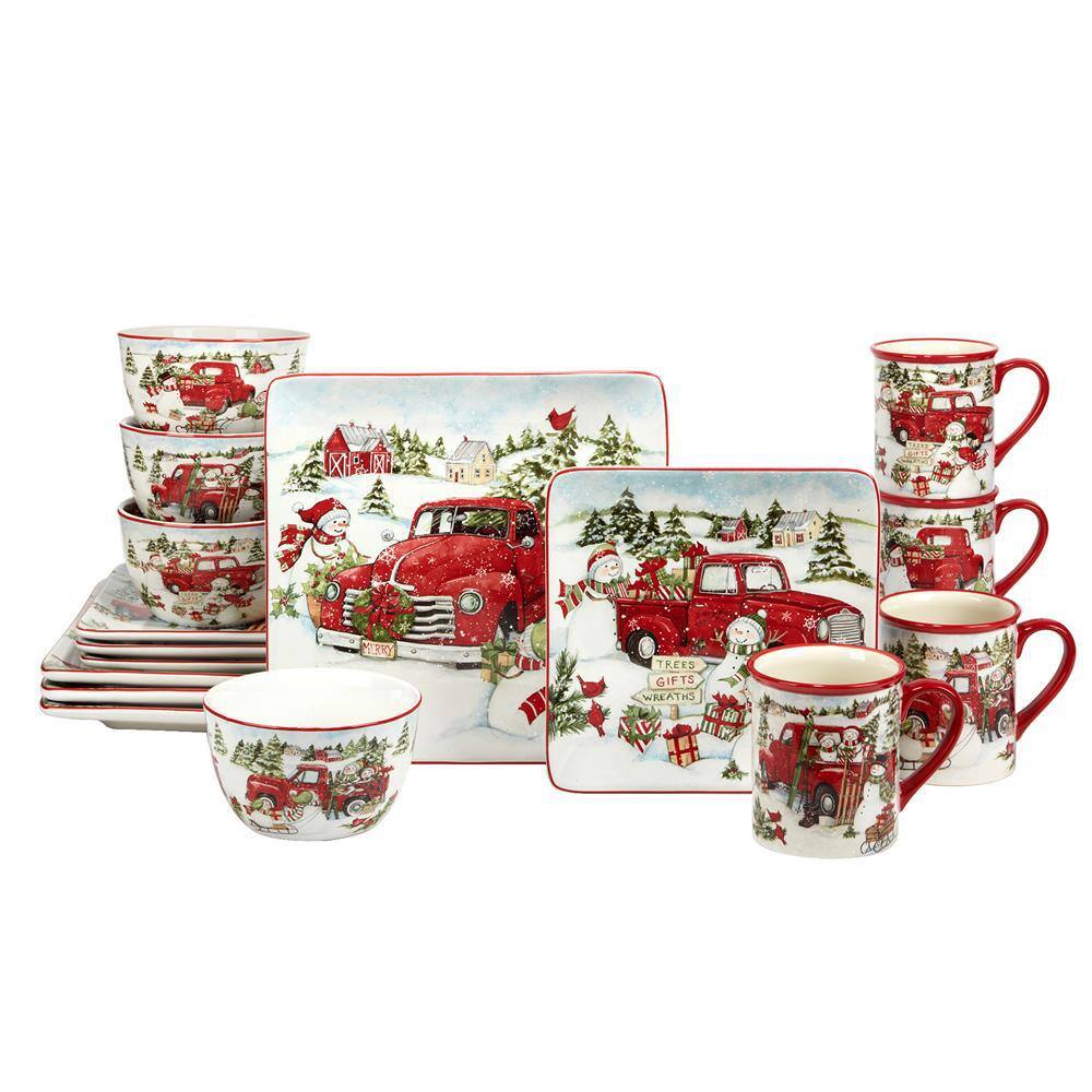 Certified International Red Truck Snowman 16-Piece Multi-Colored Earthenware Dinnerware Set Service for 4