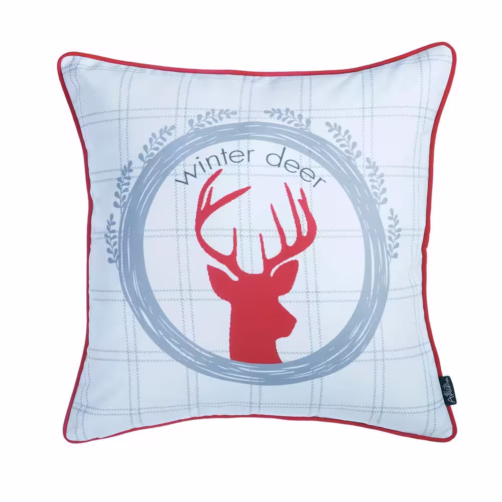 None Decorative Christmas Deer Single Throw Pillow Cover 18 in. x 18 in. White and Red and Gray Square for Couch, Bedding