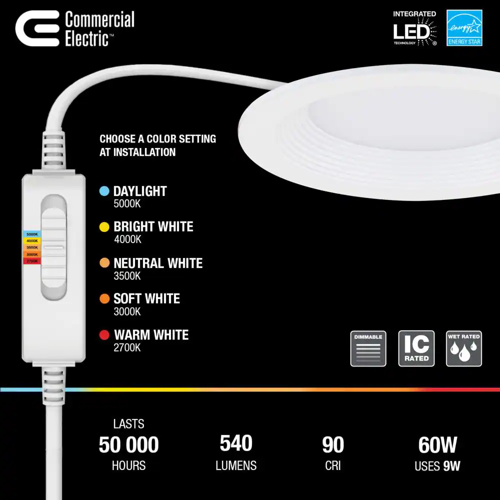 Commercial Electric Slim Baffle 4 in. Adjustable CCT Canless New Construction & Remodel IC Rated, Integrated LED Recessed Light Kit (4-Pack)