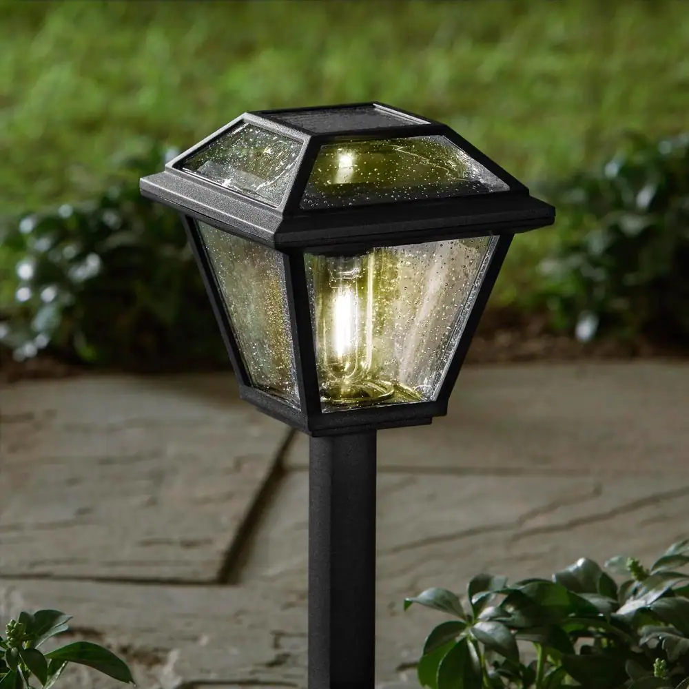 Hampton Bay Warrenton 13 Lumens Black LED Outdoor Solar Path Light with Glass Top, Seedy Glass and Vintage Bulb (4-Pack)
