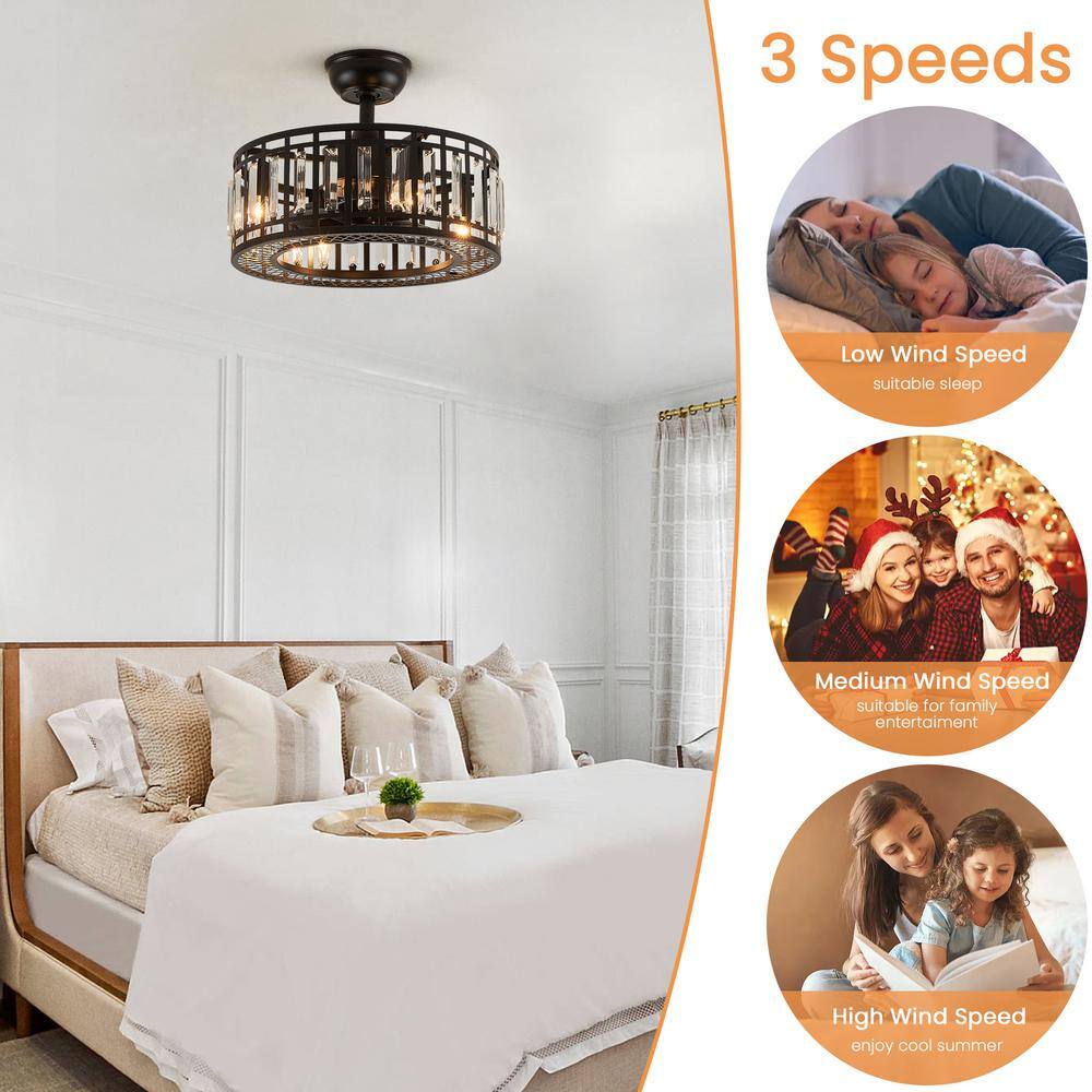 None 18 in. Modern Indoor Black Caged Ceiling Fan with Lights Small Bedroom Crystal Ceiling Fan with Remote