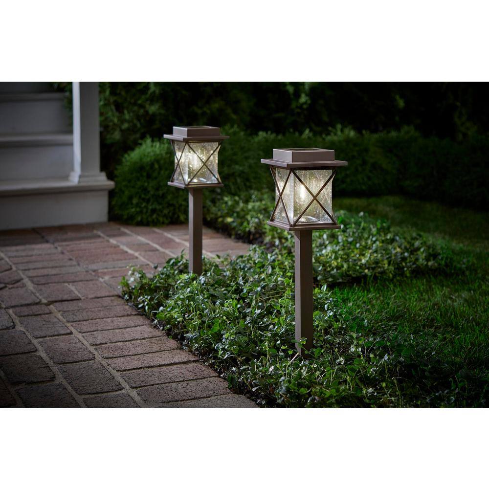 Hampton Bay Orange Hills Solar Bronze LED Path Light 15 Lumens Vintage Bulb Seedy Glass (2-Pack)