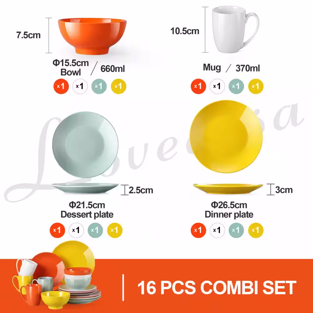 None Sweet 16-Piece Multi-Colors Porcelain Dinnerware Sets (Service for 4 )