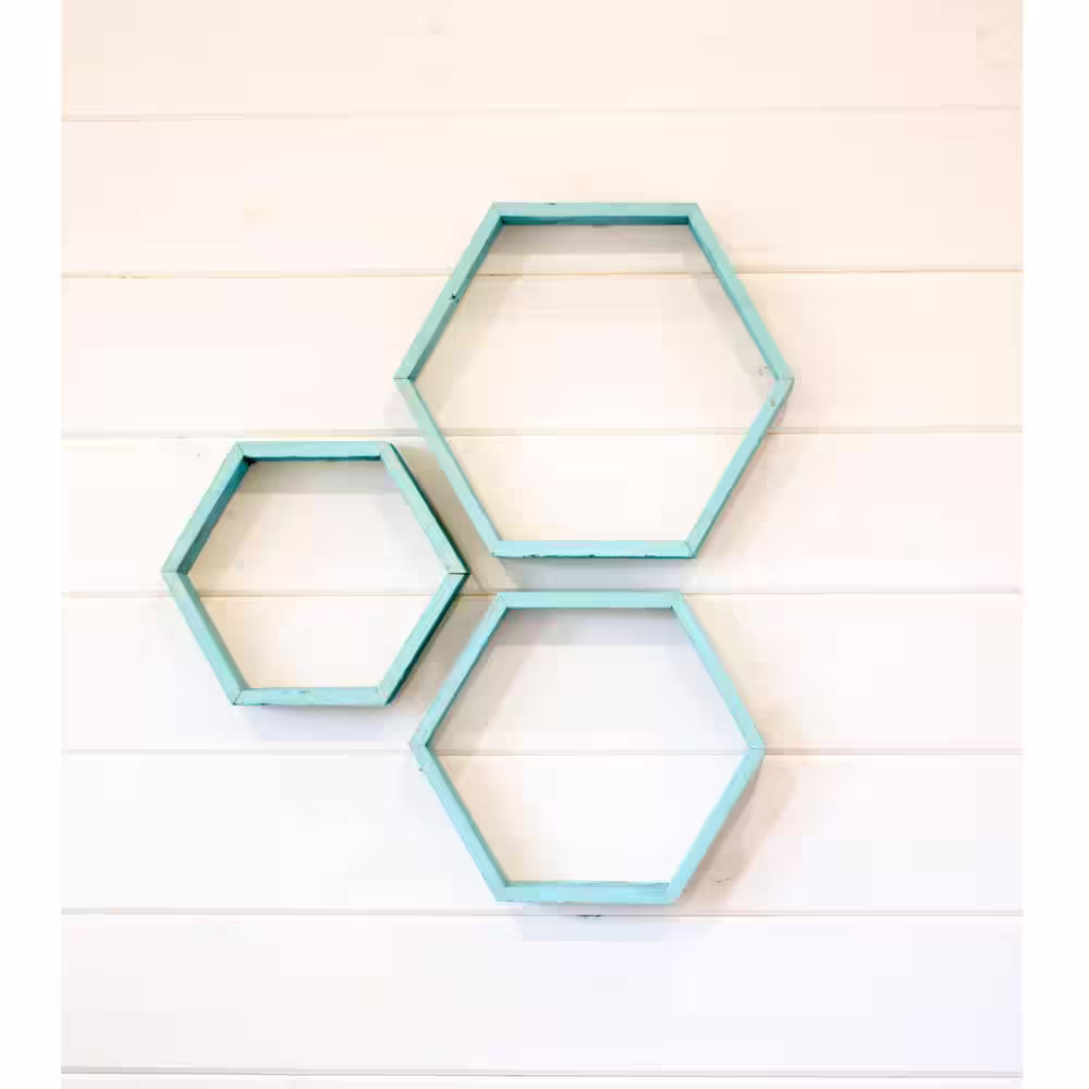 None 3-Piece Rustic Farmhouse Turquoise Floating Hexagon Wall Shelf Set