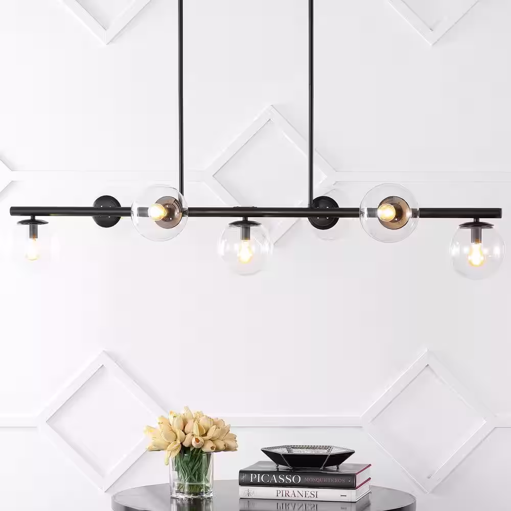 JONATHAN Y Luca Parisian 53 in. 7-Light Black/Clear Modern Glam Iron Globe Linear LED Pendant Light, Black