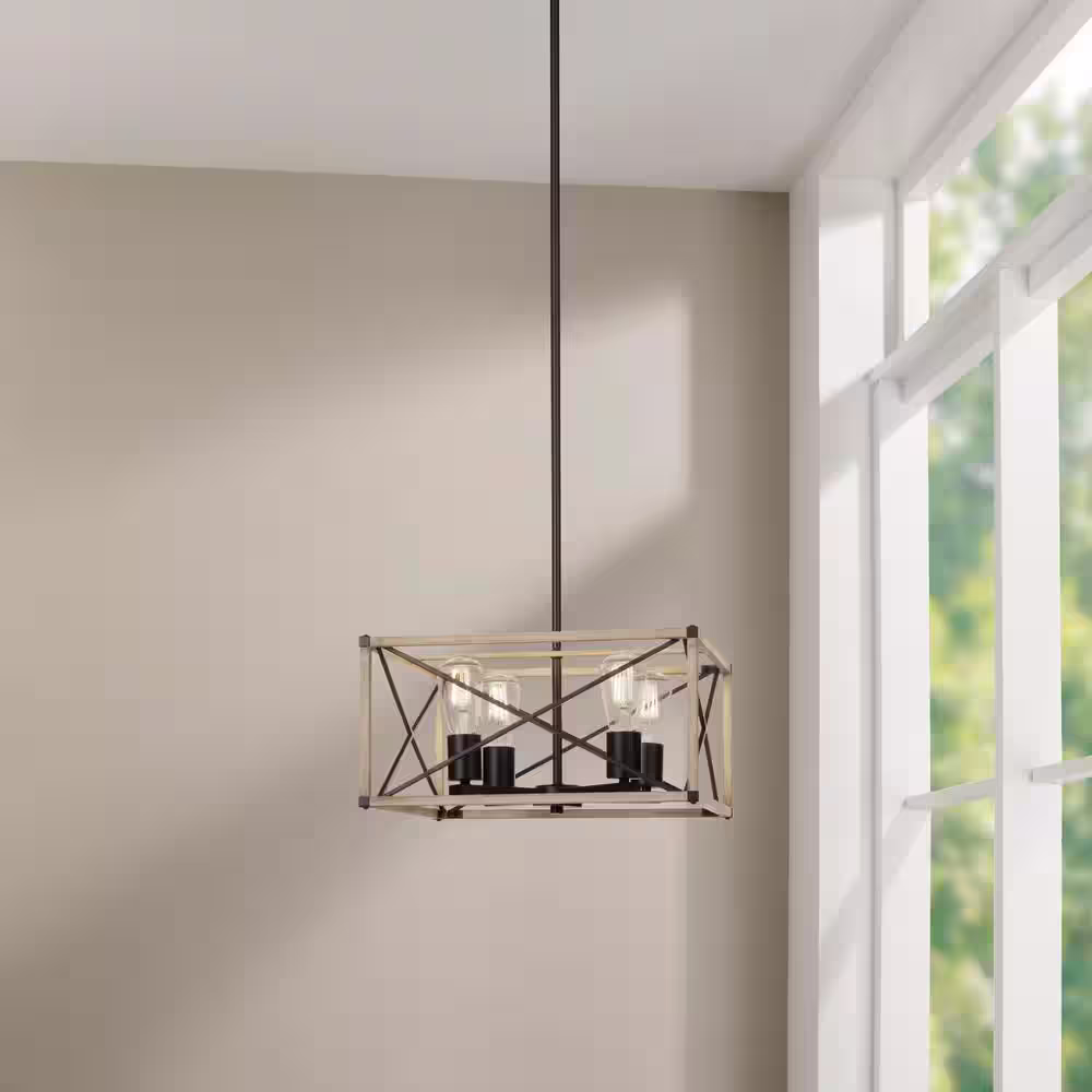 Hampton Bay Madison Landing 4-Light Caged Matte Black Rectangular Pendant Hanging Light with Washed White Farmhouse Wood Accents