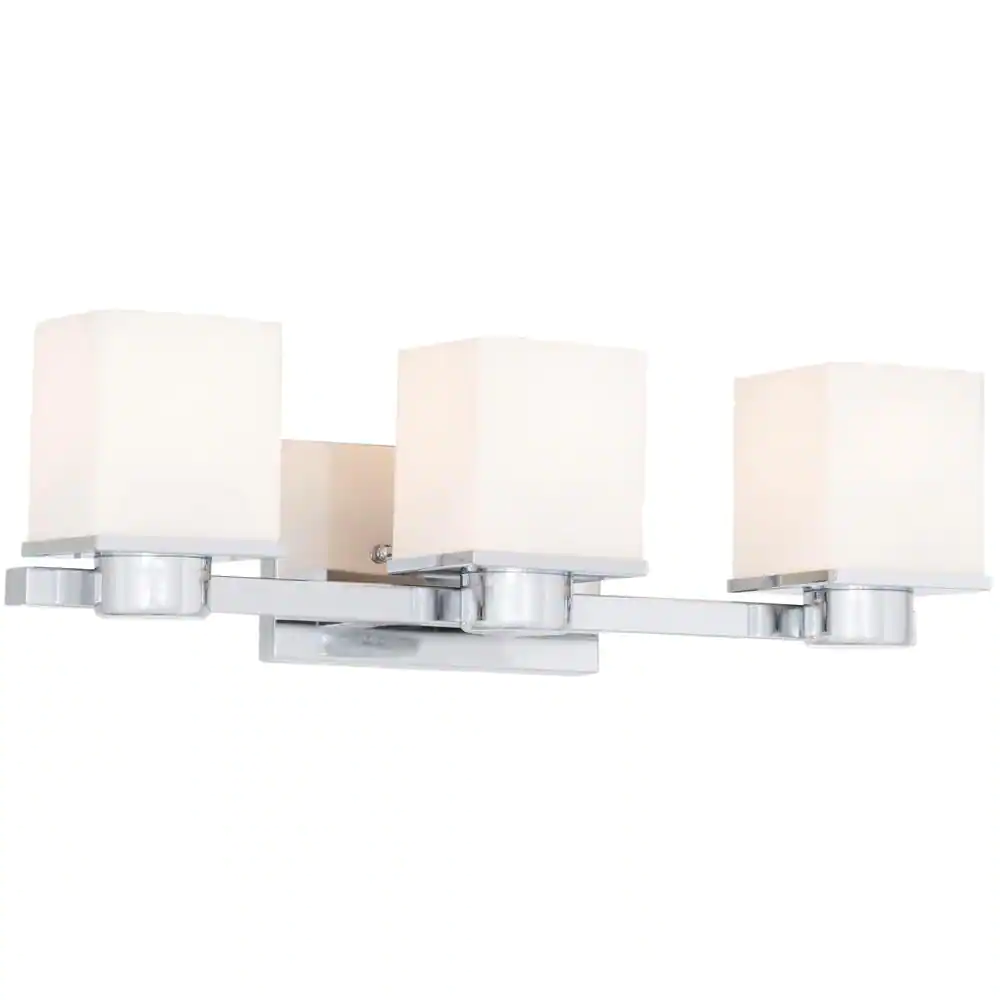 Volume Lighting Sharyn 3-Light 8 in. Chrome Indoor Bathroom Vanity Wall Sconce or Wall Mount with Frosted Glass Square Rectangle Shades