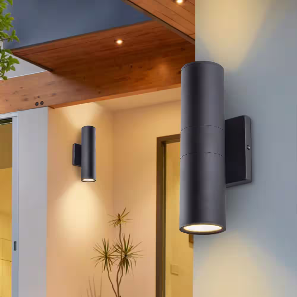 None 2-Light 12 in. Black Aluminum Cylinder LED Outdoor Hardwired Wall Lantern Sconce(2-Pack)