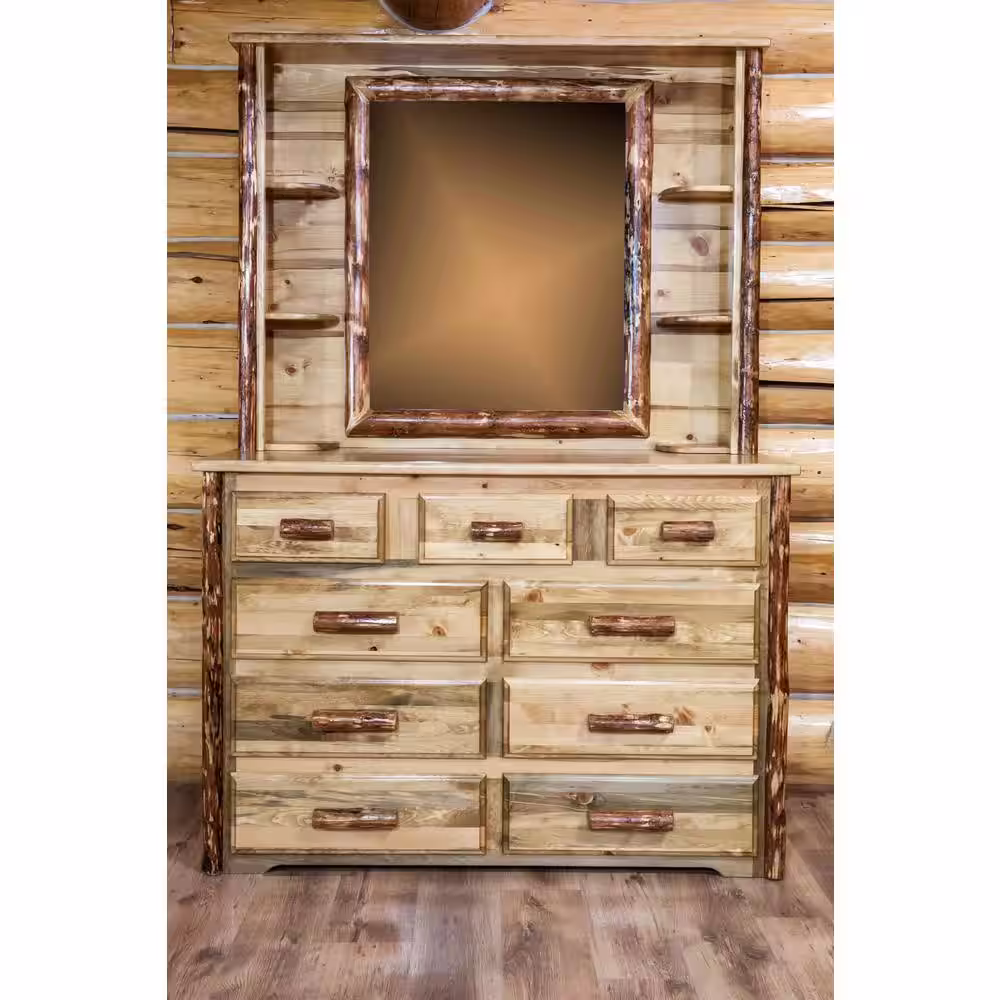 MONTANA WOODWORKS Glacier Country Collection 57 in. W x 45 in. H Solid Wood Brown Puritan Pine Deluxe Dresser Mirror