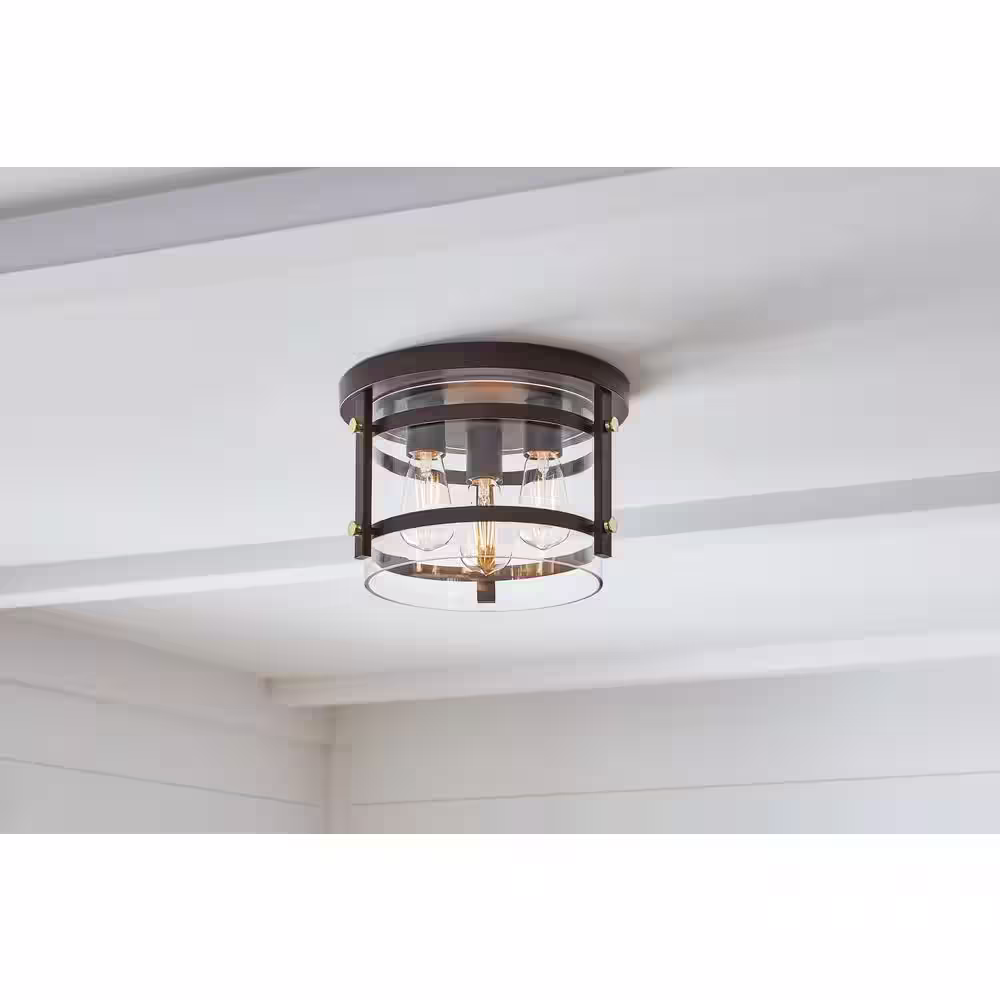 Hampton Bay Huxley 11.9 in. 3-Light Dark Bronze Flush Mount Ceiling Light with Clear Glass Shade