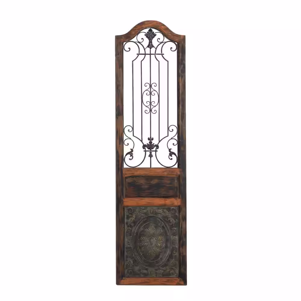 Litton Lane Wood Brown Distressed Door Inspired Ornamental Scroll Wall Decor with Metal Wire Details