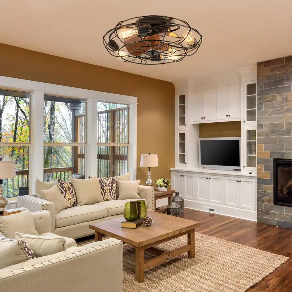 None 20 in. 4-Light Indoor Black Wood Grain Industrial Metal Cage Enclosed Ceiling Fan with Light Kit and Remote