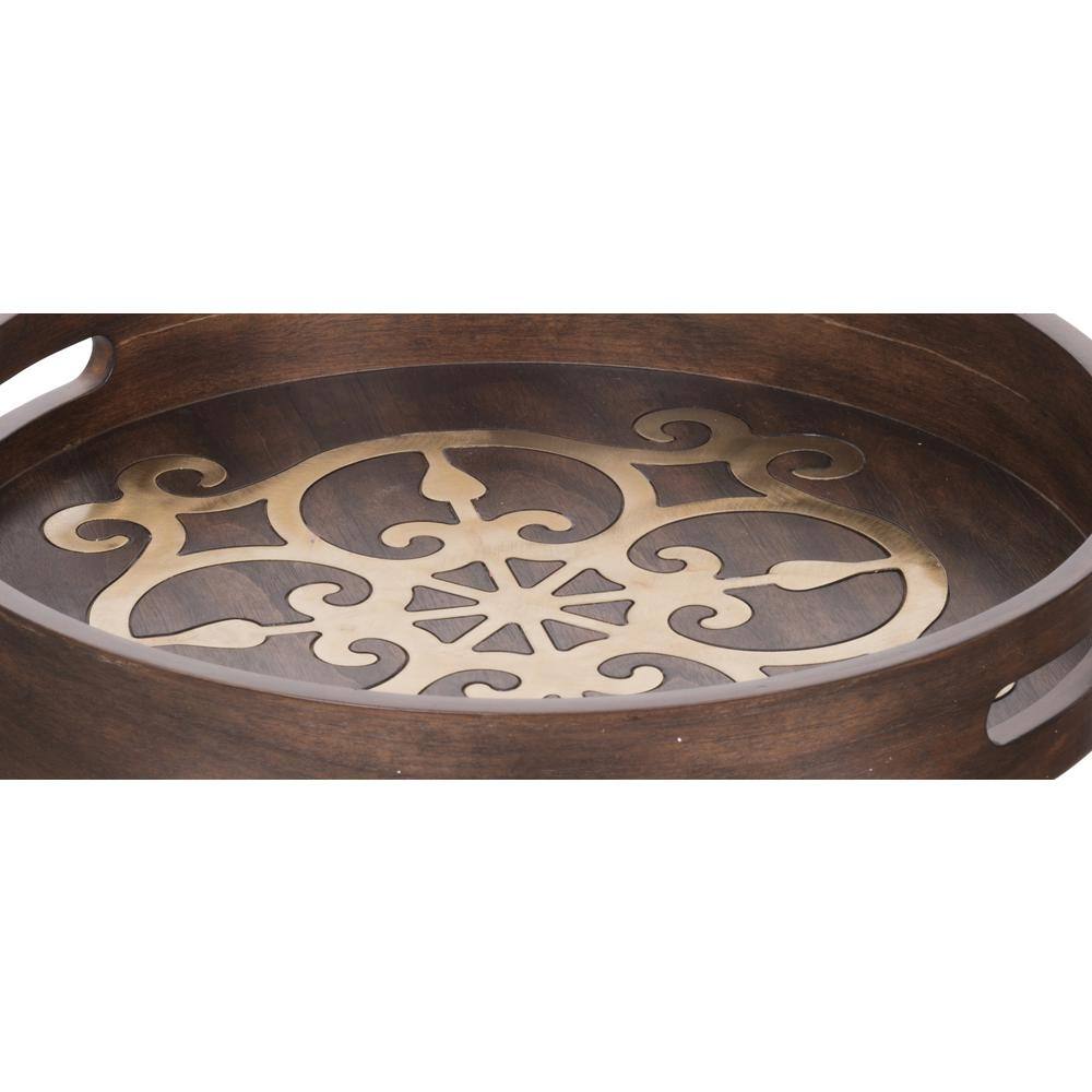 A & B Home 18 in. Raj Brass Inlaid Dark Brown Tray
