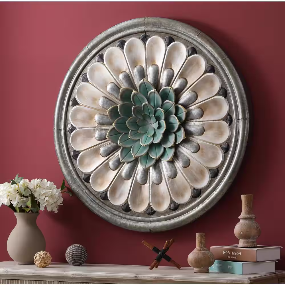 LuxenHome Multi-Color Iron Flower Round Wall Applique Decor