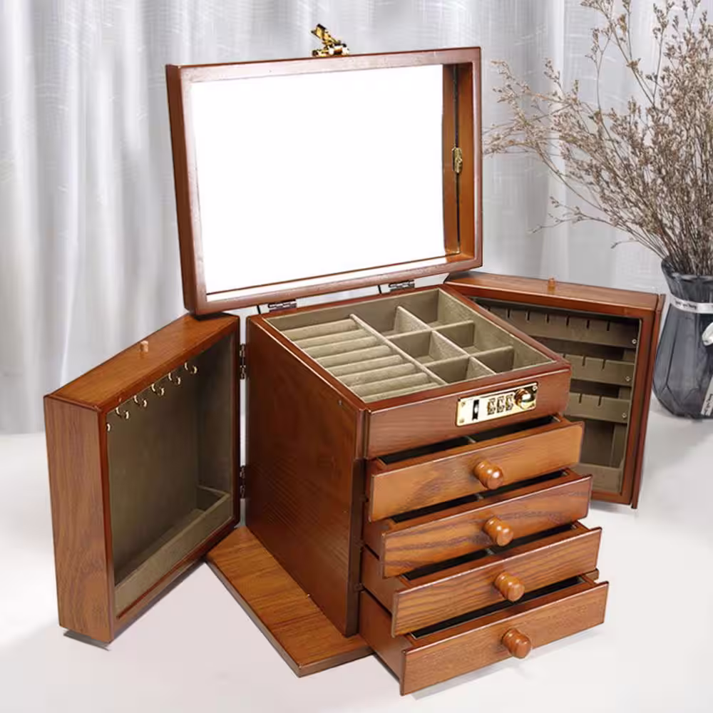 YIYIBYUS Lockable MDF Wooden Jewellery Box with Built-in Mirror 5 Drawers and 2 Swing-out Cabinets