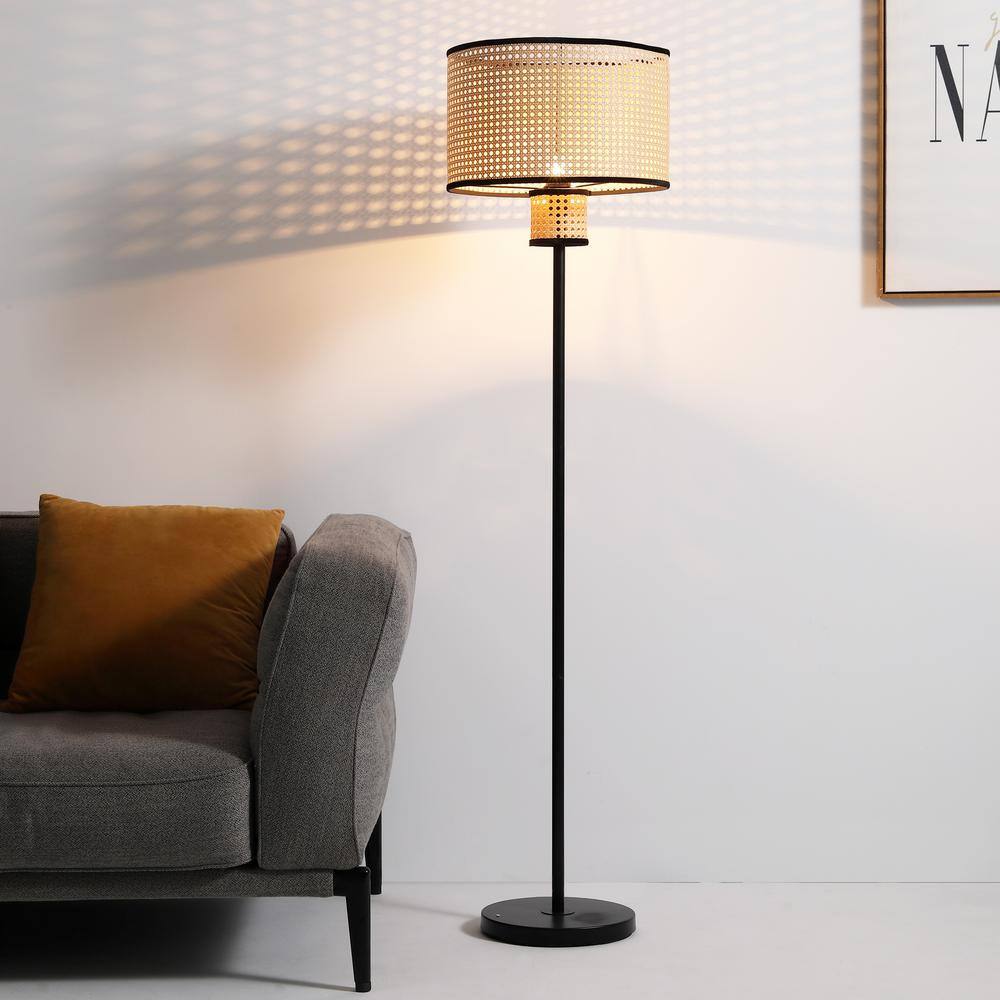 Vidalite Modern Bohemian 62 in. Beige Tan Floor Lamp, 2 Tier PVC Rattan Shade with Velvet Rim