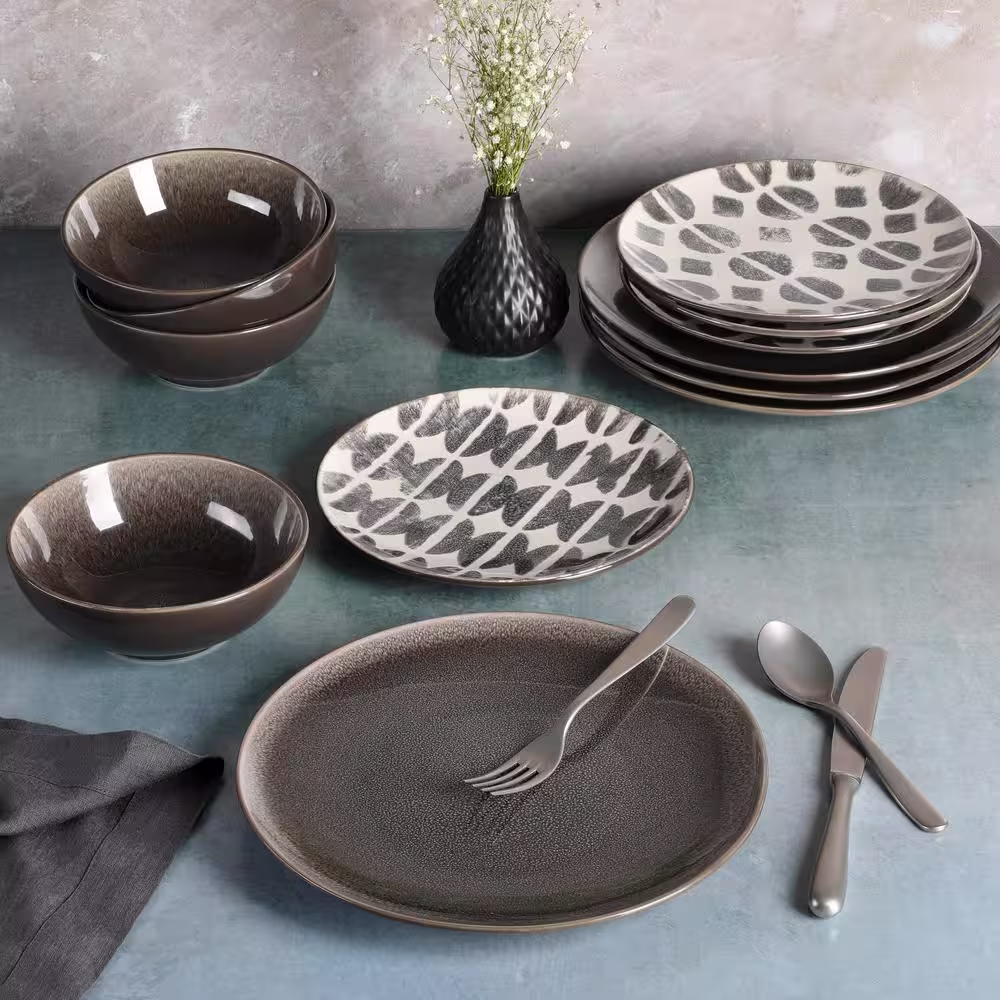 None Truffle Pepper 12 Piece Stoneware Dinnerware Set in Black and White