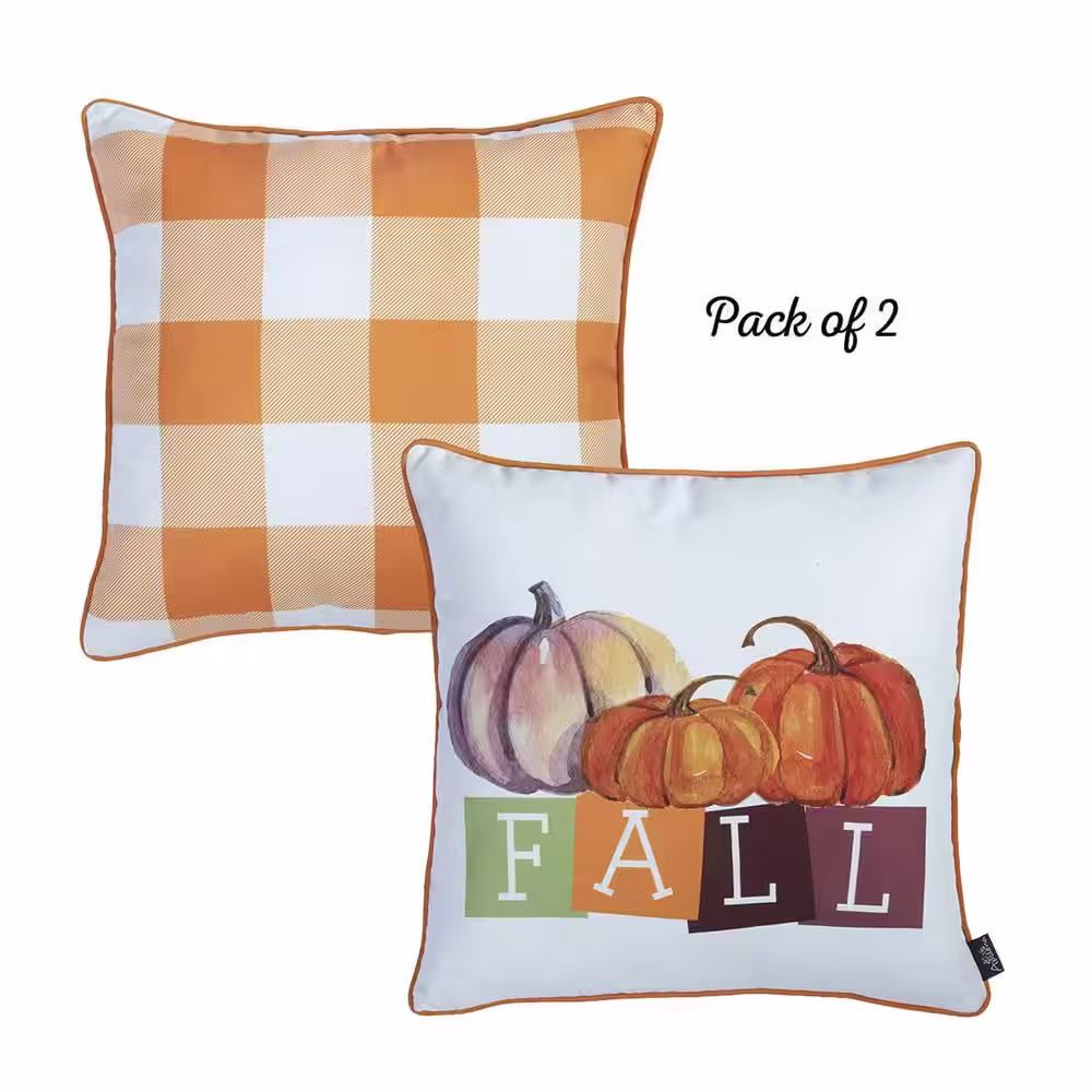 None Yellow and Orange Decorative Fall Thanksgiving Plaid and Pumpkins 18 in. x 18 in. Square Throw Pillow Cover (Set of 2)