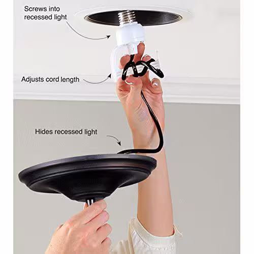 Worth Home Products Instant Pendant 1-Light Matte Black Recessed Light Conversion Kit with Clear Hammered Glass Shade