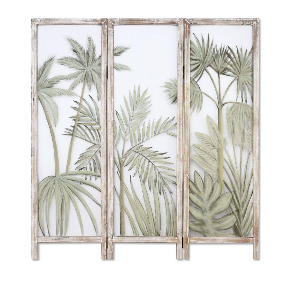 Benjara 63 in. Green Painted Leaves 3-Panel Screen Room Divider with Wood Frame