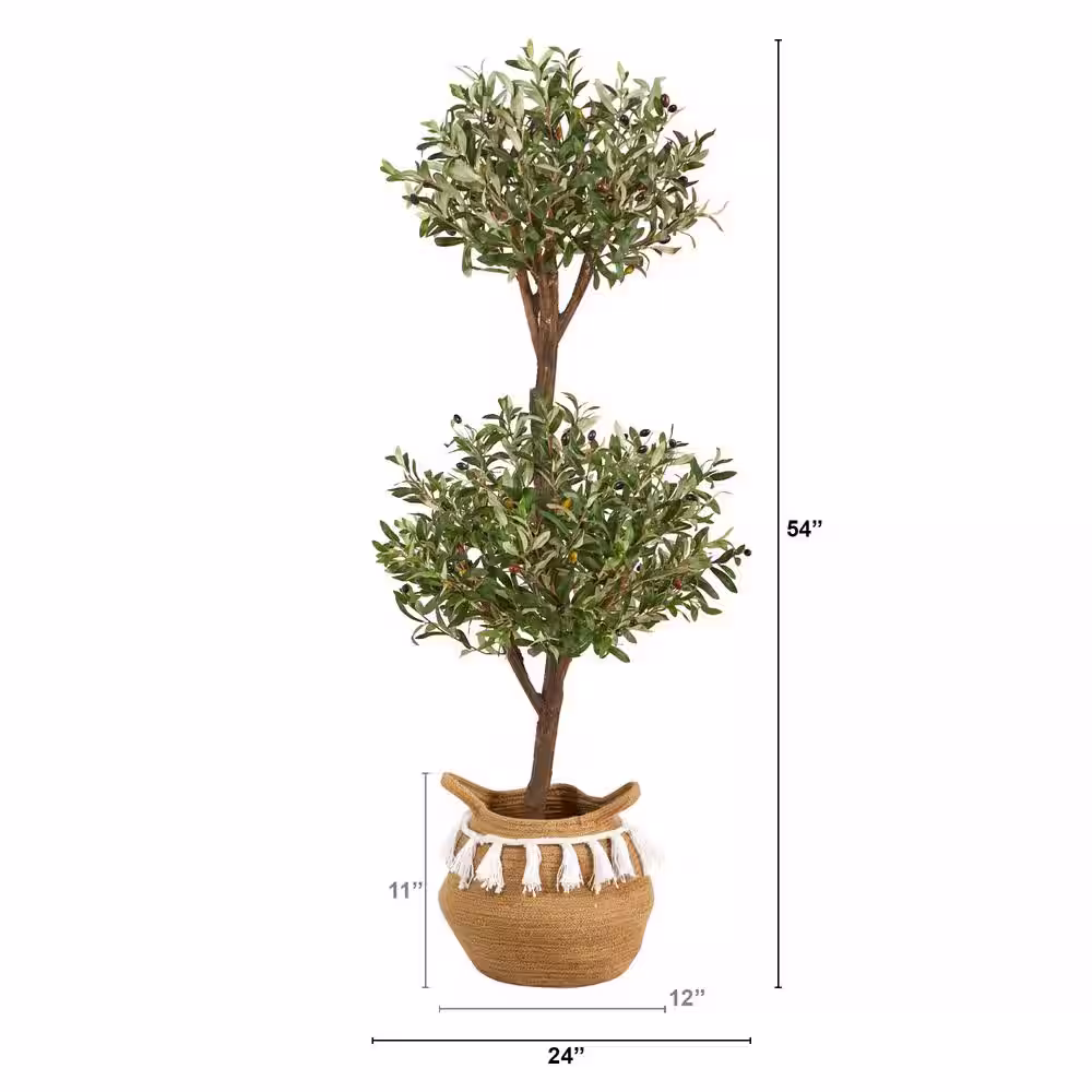 Nearly Natural 4.5 ft. Green Artificial Olive Double Topiary Tree with Handmade Jute and Cotton Basket with Tassels