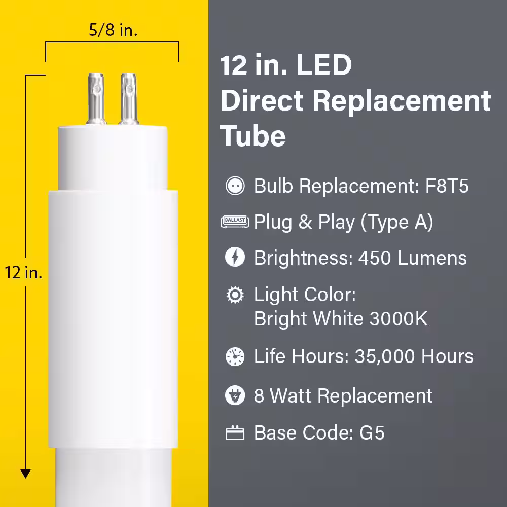 Feit Electric 6-Watt 12 in. T5 G5 Type A Plug and Play Linear LED Tube Light Bulb, Bright White 3000K