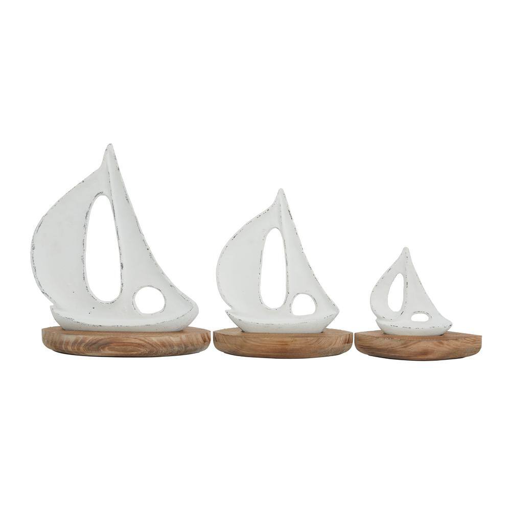 Litton Lane White Wood Sail Boat Sculpture with Wood Base (Set of 3)