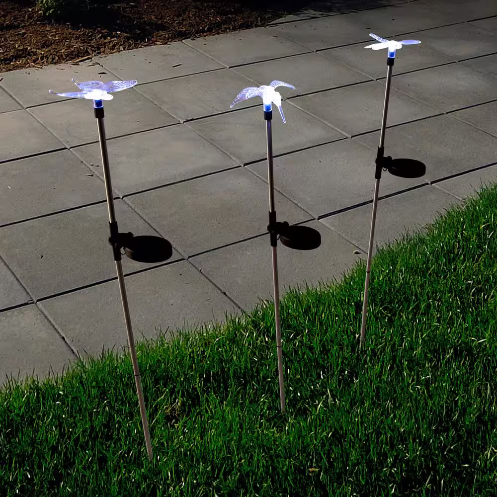 Pure Garden Solar Powered Stainless Steel Butterfly, Hummingbird, and Dragonfly Outdoor Integrated LED Landscape Path Light
