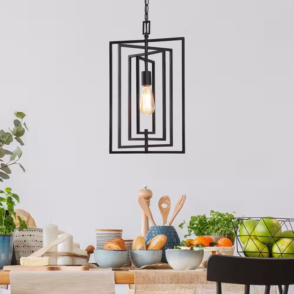 Uolfin Modern Farmhouse Kitchen Pendant Lights, 1-Light Black Geometric Light Fixture for Kitchen Island with Swing Frame