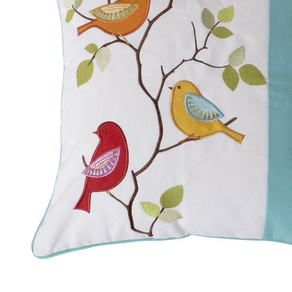 None Sophia Multicolor Birds Appliques with Brach Embroidery 20 in. x 20 in. Throw Pillow