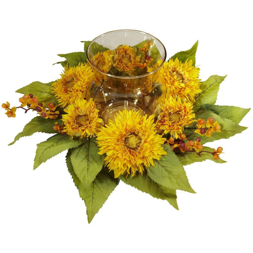 Nearly Natural 7.5 in. Artificial H Yellow Golden Sunflower Candleabrum Silk Flower Arrangement
