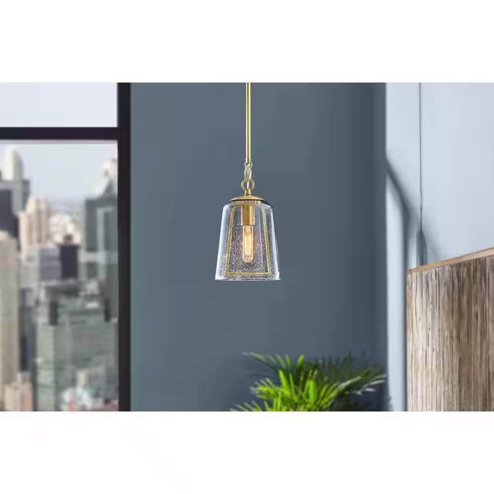Home Decorators Collection Desmond 60-Watt 1-Light Brushed Gold Mini-Pendant with Smoke Seedy Glass Shade
