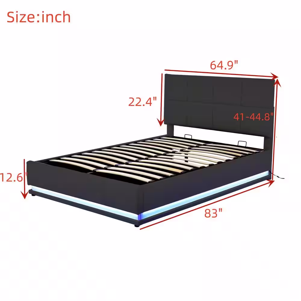 Harper & Bright Designs Black Wood Frame Queen Size PU Platform Bed with Adjustable Headboard, Hydraulic Storage System, LED Lights and USB Port