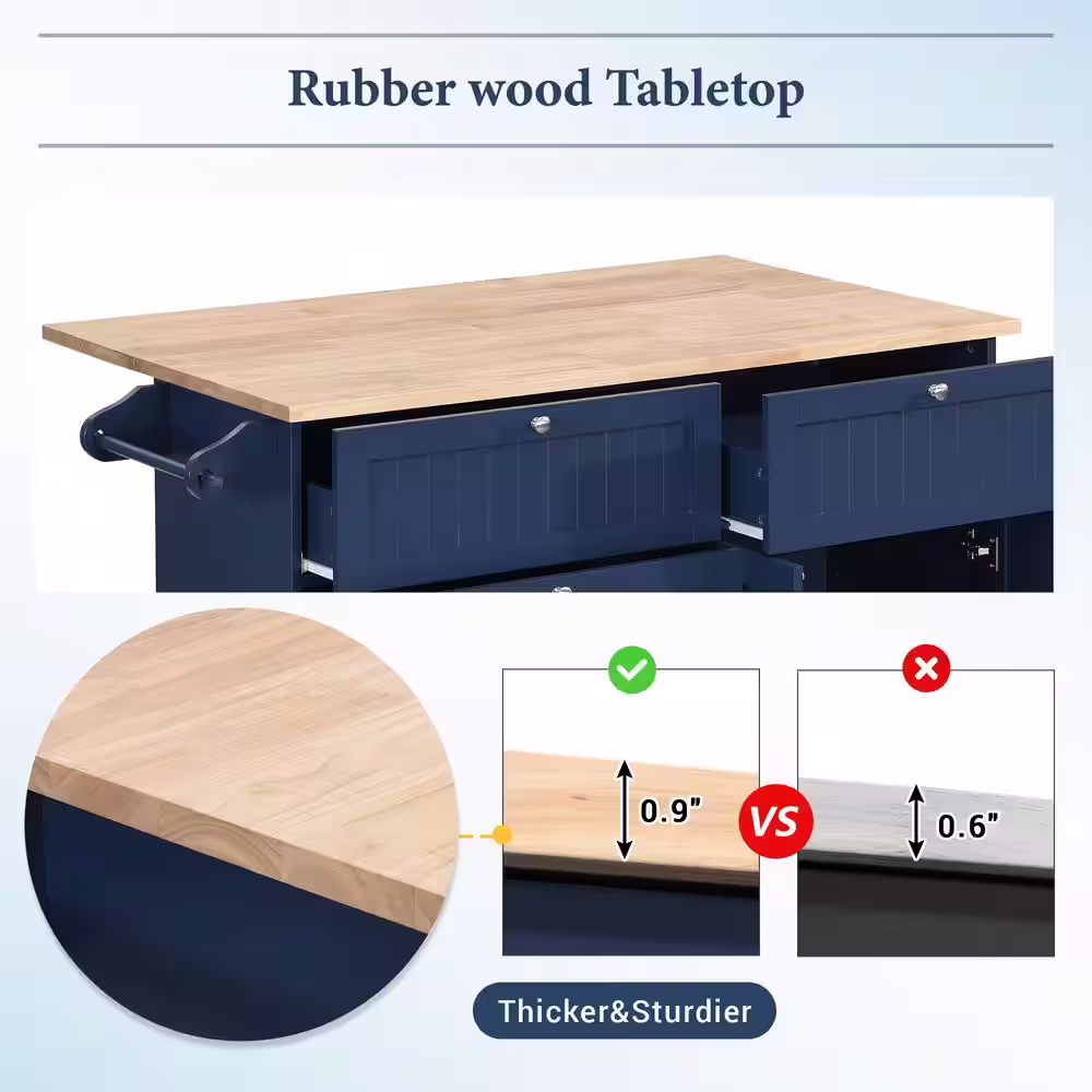 None Blue Drop Leaf Rubber Wood Tabletop 50.3 in. Kitchen Island with Stools