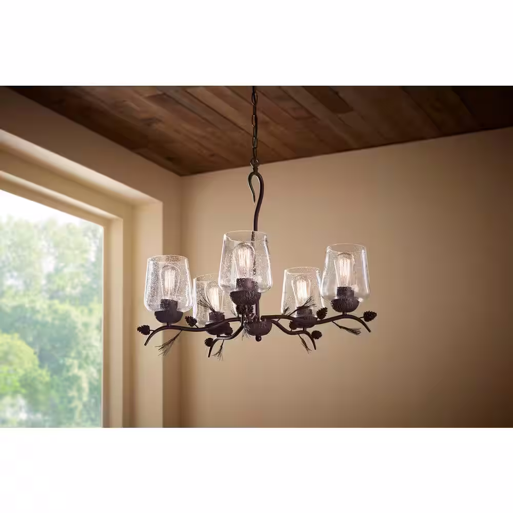 Hampton Bay Spruce Lodge 5-Light Handmade Finish Pinecone Chandelier with Cear Seeded Glass Shade
