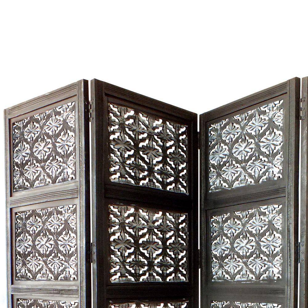 The Urban Port Four Panel Mango Wood 5 ft. 9 in. Black and White Room Divider with Traditional Carvings