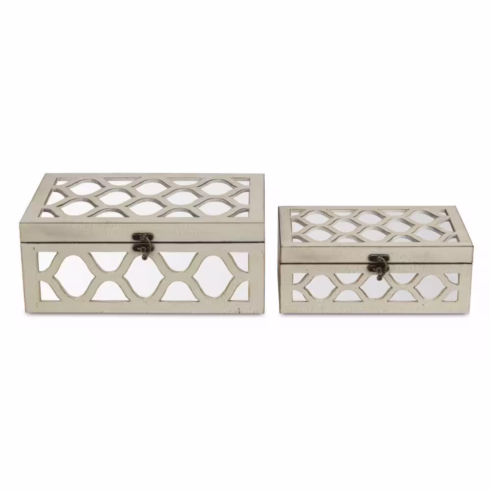 HomeRoots Set of White Quatrefoil Mirror Jewelry Storage Boxes