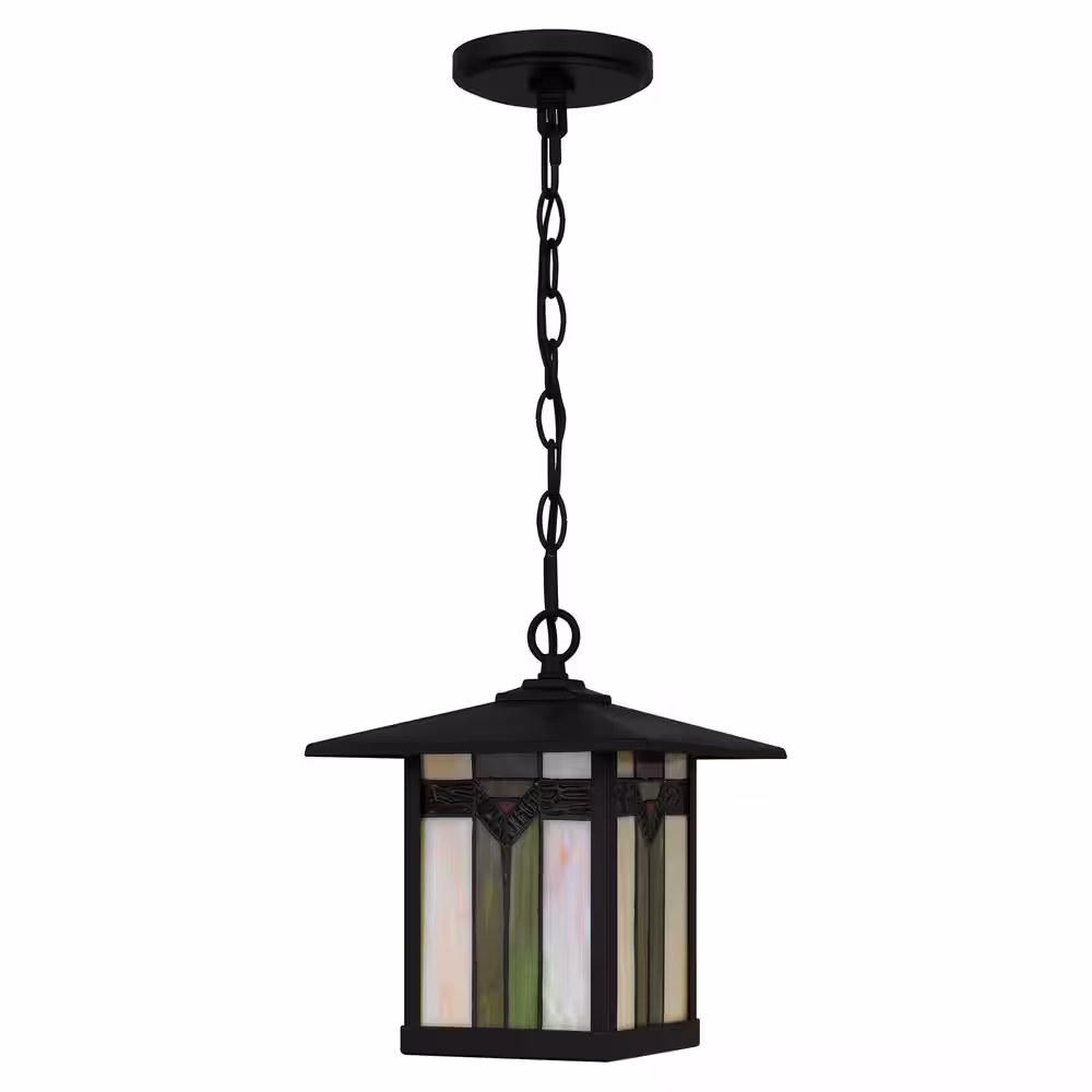 Home Decorators Collection Sumner 1-Light Matte Black Outdoor Pendant Light with Tiffany Glass Shade